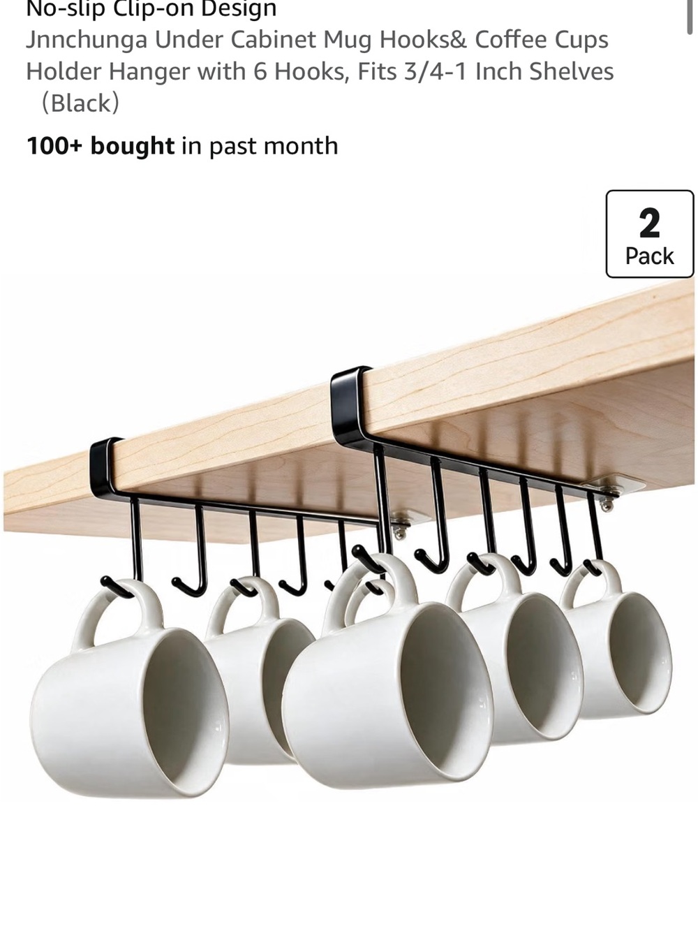 Under-Shelf Mug Rack Hanger - Black -